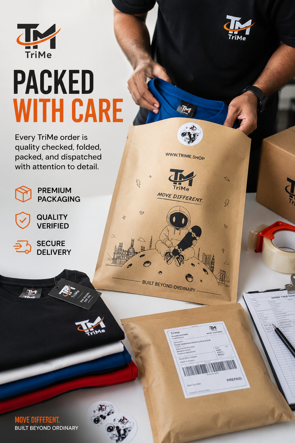 Packed with care — TRI/ME team member sealing a branded order